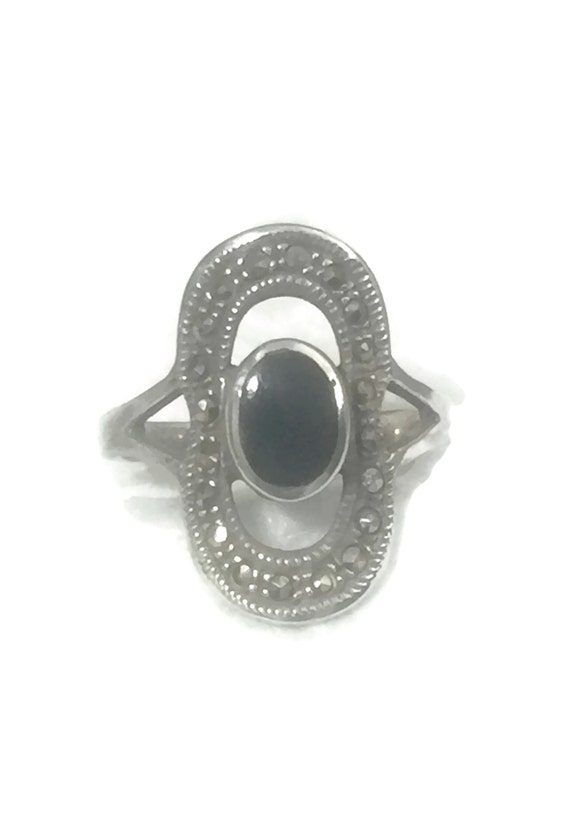 Long Onyx Ring Size 7 Plus Marcasite Ring Sterling