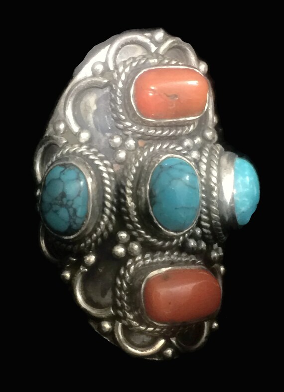 Long Turquoise Ring Turquoise Coral Ring Size 8 W… - image 7