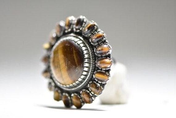 Tiger Eye Ring Flower Boho Tribal Big Round Sterl… - image 3