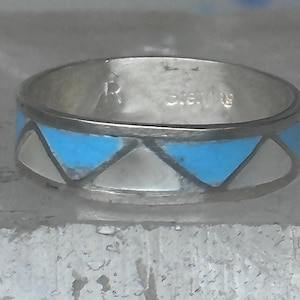 Vintage Sterling Silver Reconstituted Turquoise Mother of Pearl Band Signed R Size 7.50 925