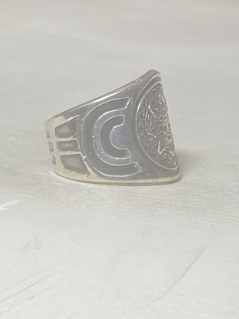 Aztec calendar ring wide Mexico band sterling silver women men size 7.25