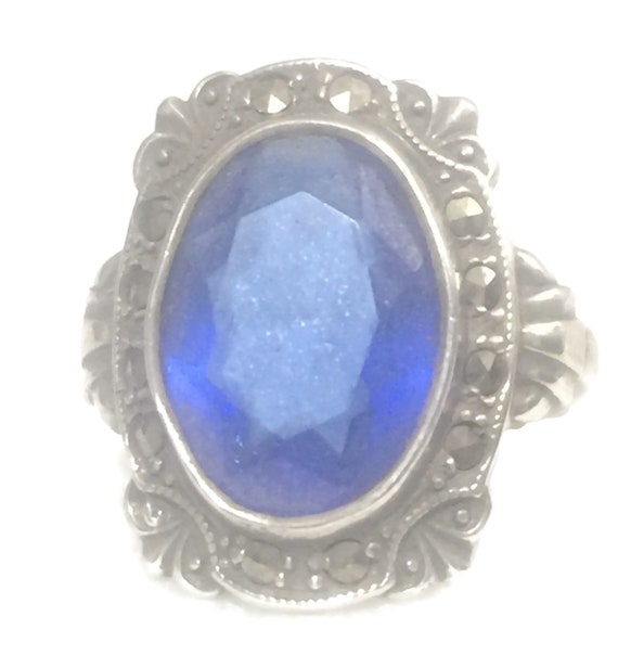 Blue Glass Ring Size 6 Art Deco Ring Size 6 Pinky… - image 5