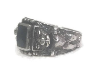 Vintage Sterling Silver Ring Onyx Ring Size 7 Mexican Gargoyle Ring Size 7 Woman Gargoyle Ring Mayan Ring Aztec Ring Vintage