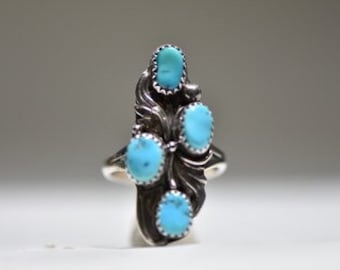 Turquoise Ring Long Navajo Southwest Sterling Silver Women Girls Size 8.50
