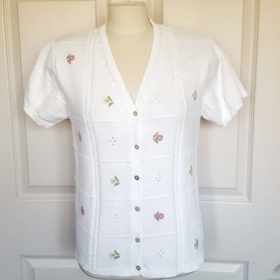 Vintage Short Sleeve White Cardigan With Embroider