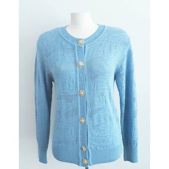 80's Vintage Blue Crochet Knit Cardigan - Ladies V