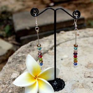 Dangle long women earrings. Multi color glass rondelle beads. Sterling silver earrings. French hook. Gift for her. Womens gift