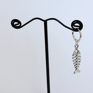 Men&#39;s dangle ONE earring. Fish bone earring. Fish skeleton. Gift for him. Charms earring. Dangle earring. Sterling silver plated hoop