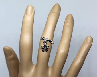 Silver tone charm ring. Adjustable ring for all sizes. Charm ring. Gift for her.  Women&#39;s ring. Flower ring. Dangle ring