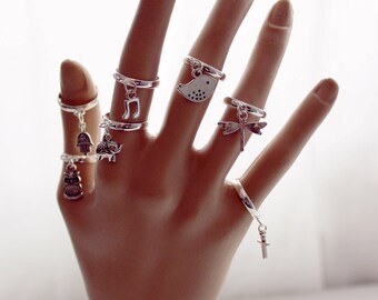 Silver tone charm ring. Ajustable rings for all sizes. Seven type of charms. Choose you ring. Price for one ring. Gift for her.  Women ring