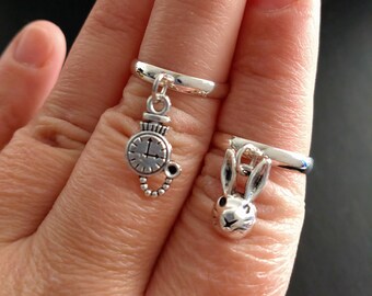 Silver tone charm rings. Adjustable rings for all sizes. Charm rings. Two rings for choose. Rabbit or clock charms.  Dangle ring