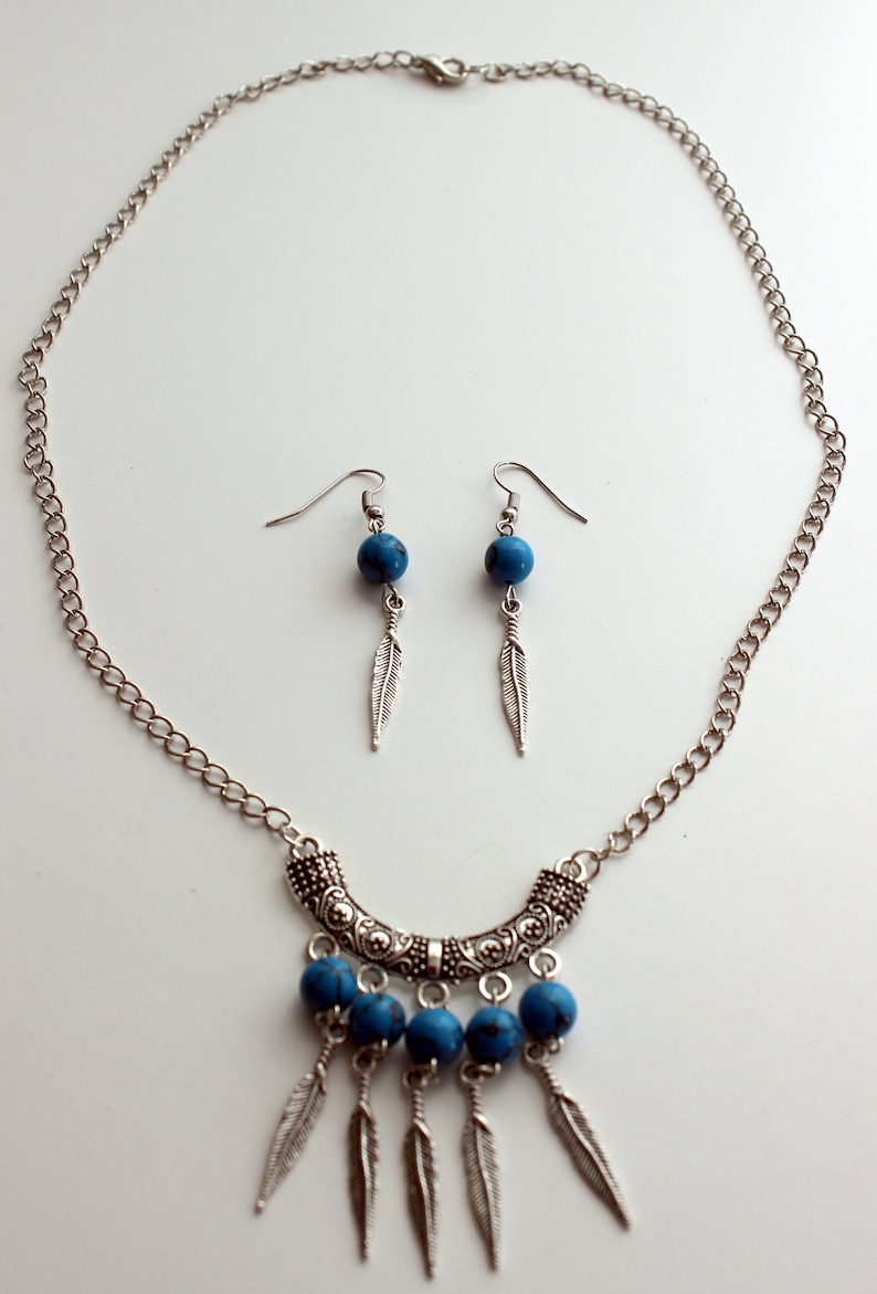 Chain and pendant Jewelry set Turquoise stones and feather charms Handmade necklace and french hook dangle earrings. Silver tone