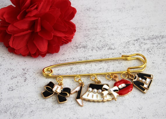 Decorative Safety Pin. Black Color Charms. Gold Tone Women Pin. Brooch.  Large Decorative Pin. Gift for Her 