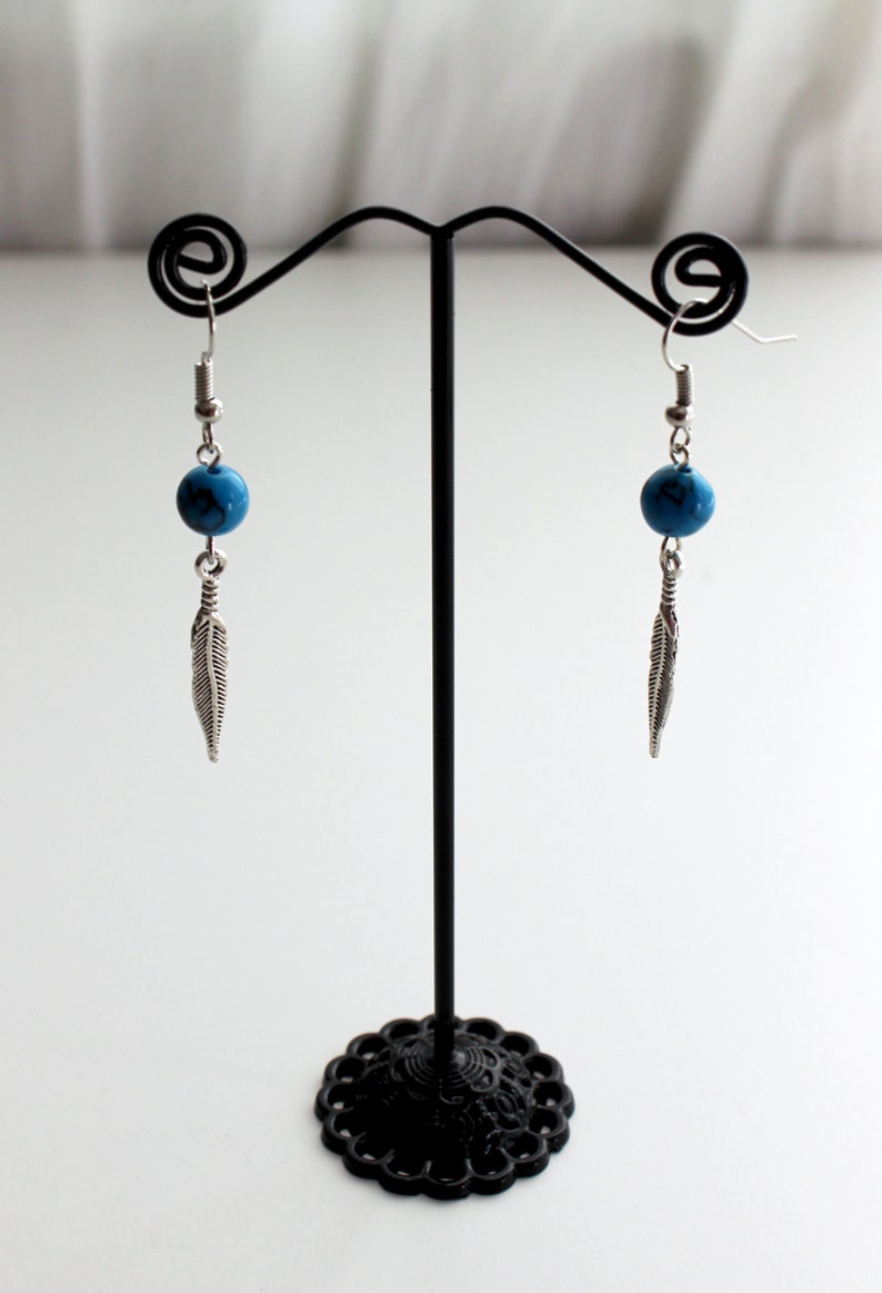 Chain and pendant Jewelry set Turquoise stones and feather charms Handmade necklace and french hook dangle earrings. Silver tone