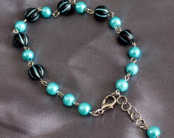 Handmade Beaded Bracelet, Blue and Black Glass Beads, Adjustable
