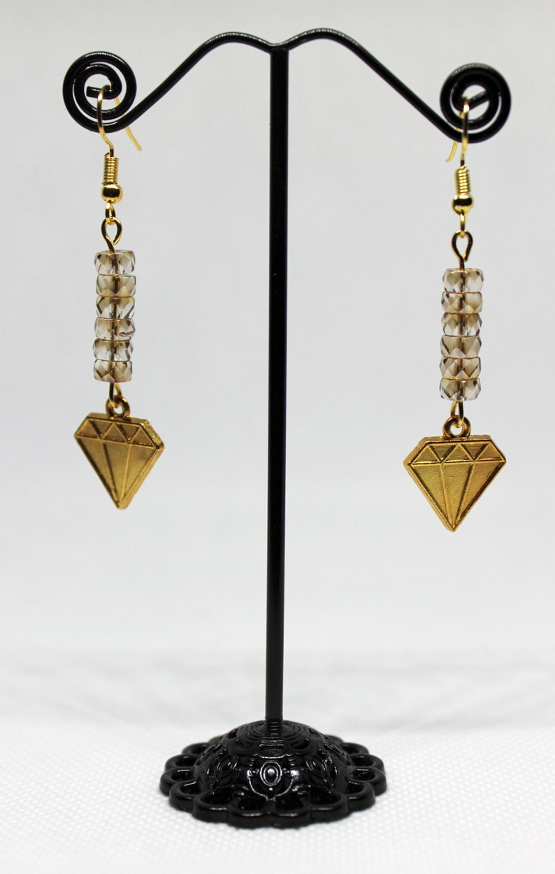 Womens gift Gift for her Gold tone diamond shape pendants Gold tone Orange color glass faceted beads Dangle earrings
