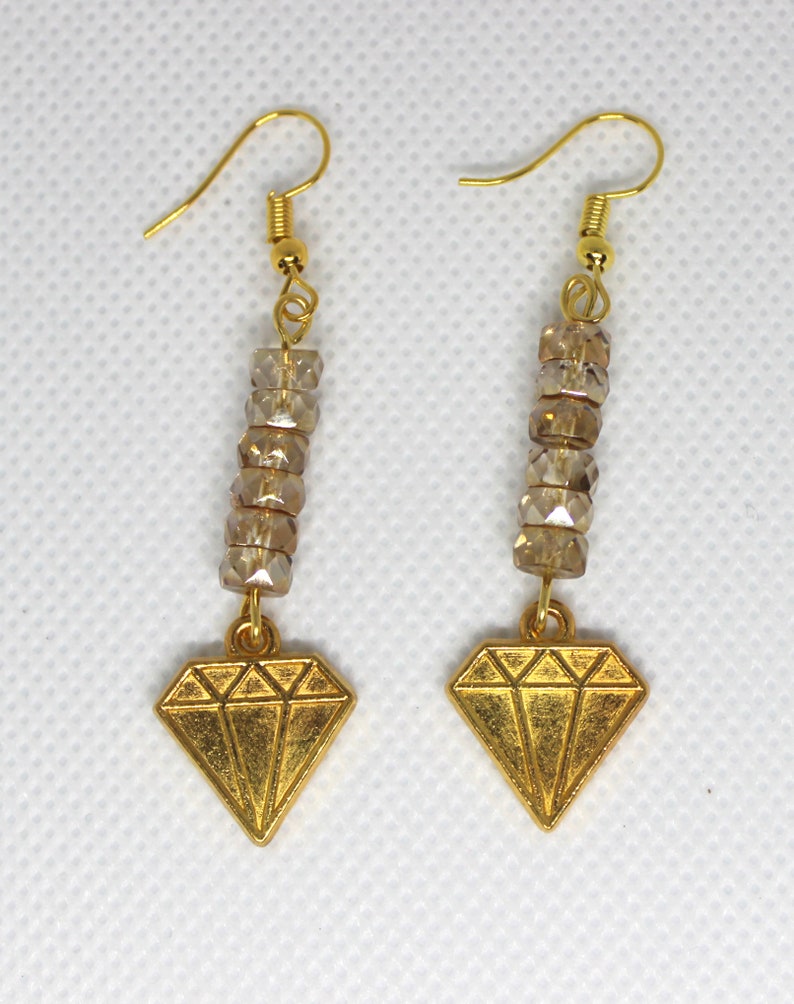 Womens gift Gift for her Gold tone diamond shape pendants Gold tone Orange color glass faceted beads Dangle earrings