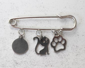 Decoratieve veiligheidsspeld. Charms met kattenthema. Zilverkleurige bedelspeld. Broche. Kleine decoratieve pin. Cadeau voor haar