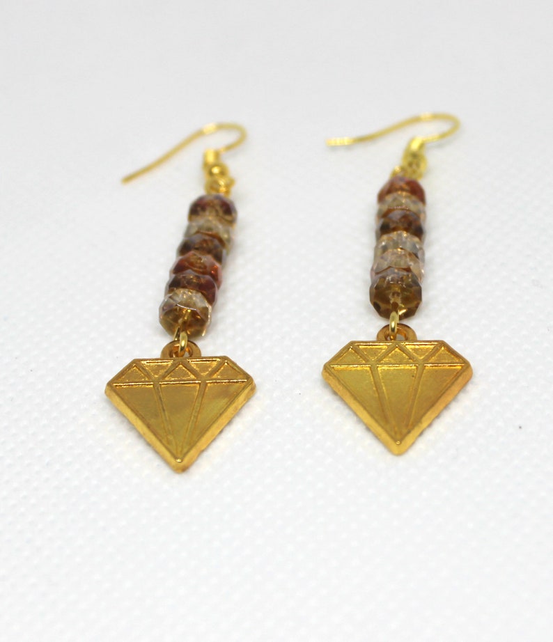 Womens gift Gift for her Gold tone diamond shape pendants Gold tone Orange color glass faceted beads Dangle earrings