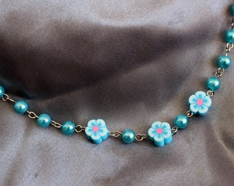 Handmade Blue Beaded Necklace, Silver Tone Flower Chain