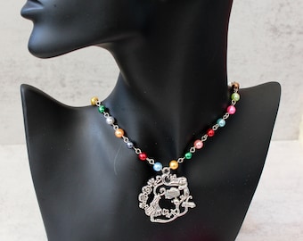 Handmade beaded children necklace with pendant. Silver tone. Plastic rainbow colored beads and Alice pendant. Y2K style kid's necklace