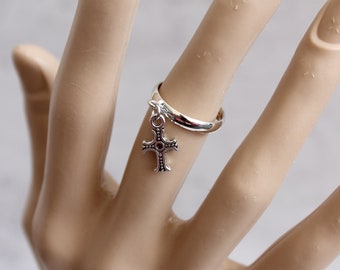 Silver tone charm ring. Adjustable ring for all sizes. Charm ring. Gift for her.  Women's ring. Cross ring. Dangle ring