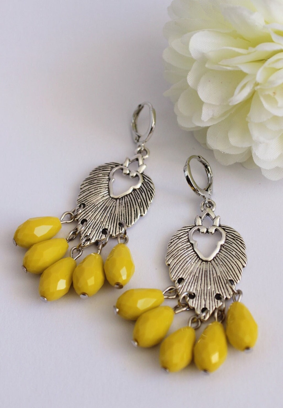 Chandelier Dangle Earrings. Yellow Tear Drop Beads. Silver Tone. Lever Back Hook. Gift for Her