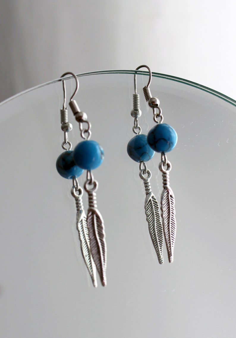 Chain and pendant Jewelry set Turquoise stones and feather charms Handmade necklace and french hook dangle earrings. Silver tone