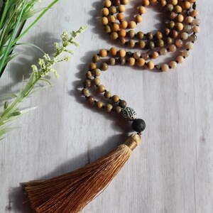 Mala Necklace, Hand Knotted Mala, Rainbow Jasper / Sunstone, Silk Tassel image 7