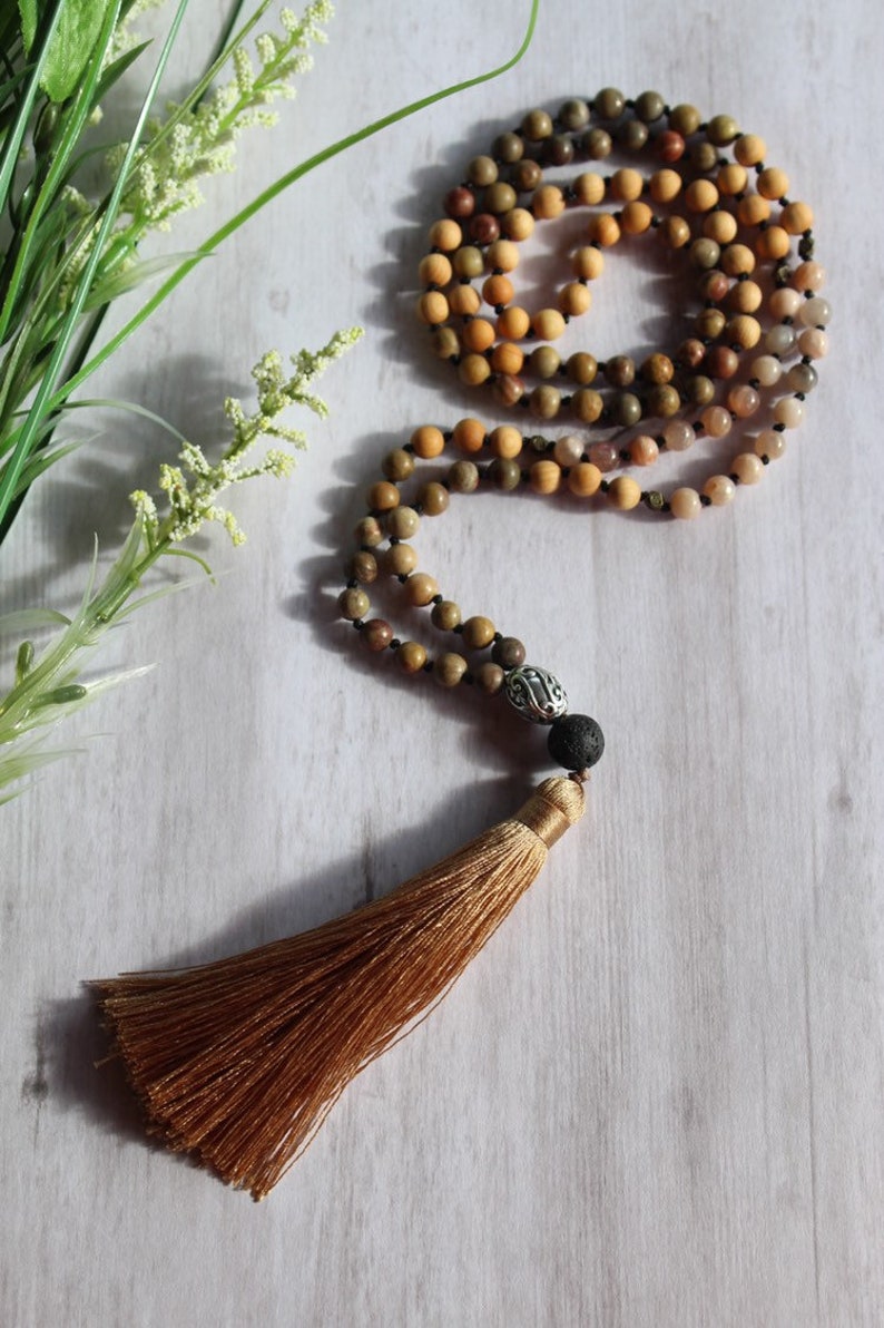 Mala Necklace, Hand Knotted Mala, Rainbow Jasper / Sunstone, Silk Tassel image 7