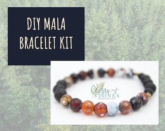 DIY Mala Bracelet Kit, beaded jewelry making set, do it yourself, Fire Agate, Black Onyx, Lava Stone