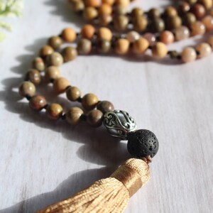 Mala Necklace, Hand Knotted Mala, Rainbow Jasper / Sunstone, Silk Tassel image 6