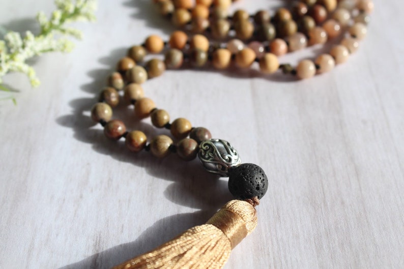 Mala Necklace, Hand Knotted Mala, Rainbow Jasper / Sunstone, Silk Tassel image 6