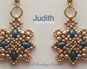 May include: A pair of gold and blue snowflake earrings. The earrings are made with small beads and have a simple design. The earrings are labeled "Judith Earring Pattern" and "DB Beading Designs".
