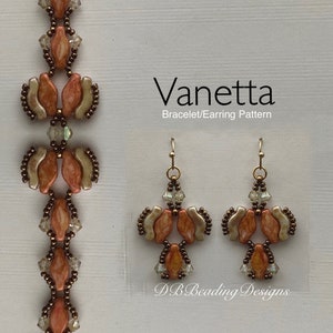 May include: A beaded bracelet and earrings set in a brown, beige, and orange color scheme. The jewelry is made with small beads and features a floral design. The set is labeled "Vanetta Bracelet/Earring Pattern".