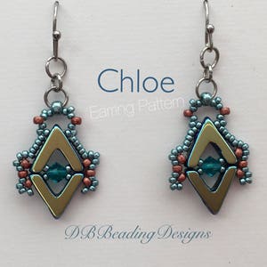 May include: A pair of silver earrings with a geometric design. The earrings are made with blue, gold, and copper beads. The earrings are labeled "Chloe Earring Pattern" and "DB Beading Designs".