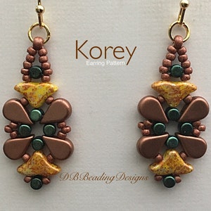 May include: A pair of brown, green, and yellow beaded earrings with gold ear wires. The earrings are called "Korey" and are a beading pattern.