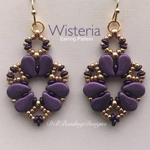 May include: A pair of handmade earrings with a wisteria design. The earrings feature a combination of purple and gold beads, with a teardrop-shaped design. The text "Wisteria Earring Pattern" is visible.