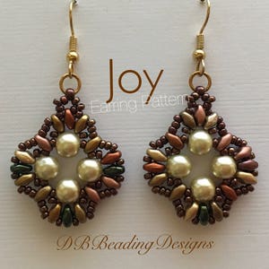 May include: A pair of gold beaded earrings with a brown, gold, and green color scheme. The earrings are shaped like a diamond and feature five white pearls in the center. The earrings are labeled "Joy Earring Pattern" and "DB Beading Designs".