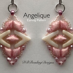 May include: A pair of pink and white beaded earrings with a geometric design. The earrings are called "Angelique" and are a beading pattern.