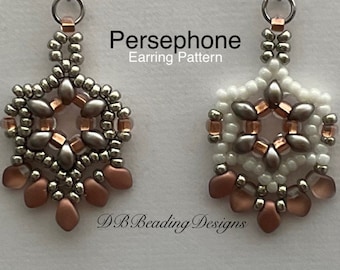 May include: A pair of silver and copper beaded earrings with a starburst design. The earrings are labeled "Persephone Earring Pattern" and "DB Beading Designs".
