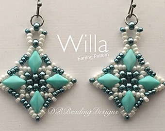 May include: A pair of teal and white beaded earrings with a diamond shape. The earrings are labeled "Willa Earring Pattern" and "DB Beading Designs".
