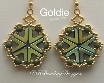 May include: Gold bead earrings with a snowflake design. The earrings are made with gold and green beads. The earrings are called "Goldie" and are a beading pattern.