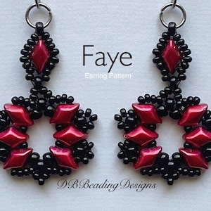 May include: A pair of red and black beaded earrings with a geometric design. The earrings are called "Faye" and are an earring pattern by DB Beading Designs.