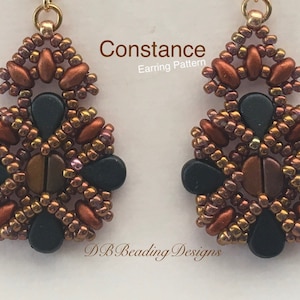 May include: A pair of beaded earrings in a brown, gold, and black colour scheme. The earrings are made with seed beads and feature a geometric design. The earrings are labelled "Constance Earring Pattern" and "DB Beading Designs".