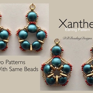 Peut inclure: Deux paires de boucles d'oreilles en perles bleu sarcelle et dorées avec des accents rouges. Les boucles d'oreilles sont réalisées avec deux motifs différents, mais utilisent les mêmes perles. Le texte "Xanthe Earring Pattern" et "D.B. Beading Designs" est visible sur l'image.