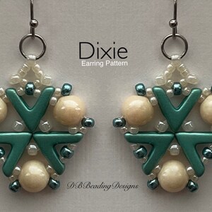 May include: Teal, white, and silver bead earrings with a snowflake design. The earrings are labeled "Dixie Earring Pattern" and "DB Beading Designs".