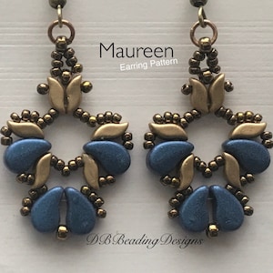May include: A pair of gold and blue beaded earrings with a floral design. The earrings are labeled "Maureen Earring Pattern" and "DB Beading Designs".