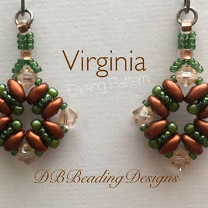 May include: A pair of earrings with a copper and green bead design. The earrings are called "Virginia" and are a beading pattern.