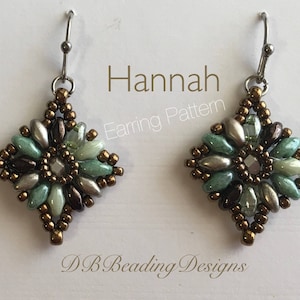 May include: A pair of silver earrings with a geometric design featuring brown, green, and silver beads. The earrings are labeled "Hannah Earring Pattern".